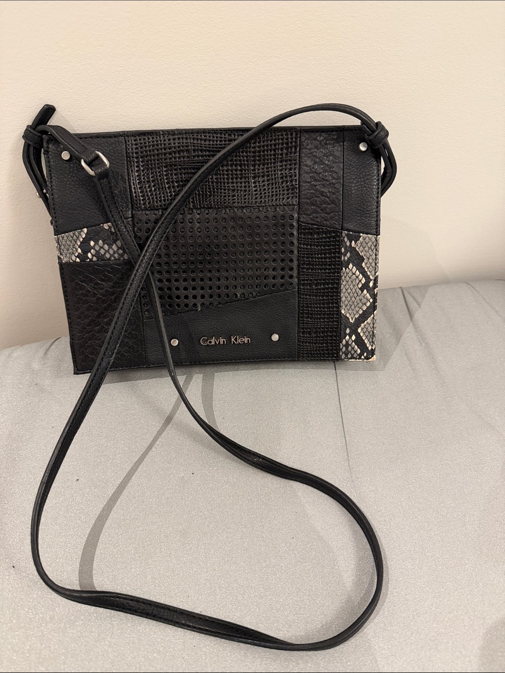 Calvin Klein Black Patchwork Crossbody with Snakeskin Accents